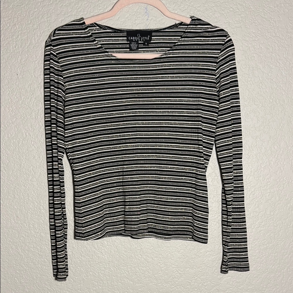 Vintage Carole Little Black and White Ribbed Long Sleeve Blouse